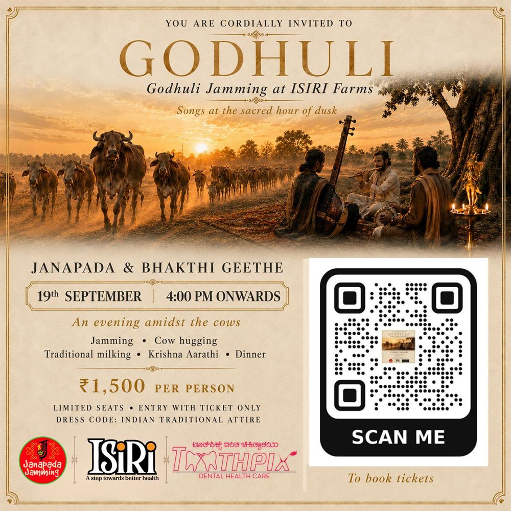 Godhuli Jamming at ISIRI Farms, 19th September 4 PM onwards. Janapada and Bhakthi Geethe, Rs 1,500 per person. Scan the QR code to book tickets.